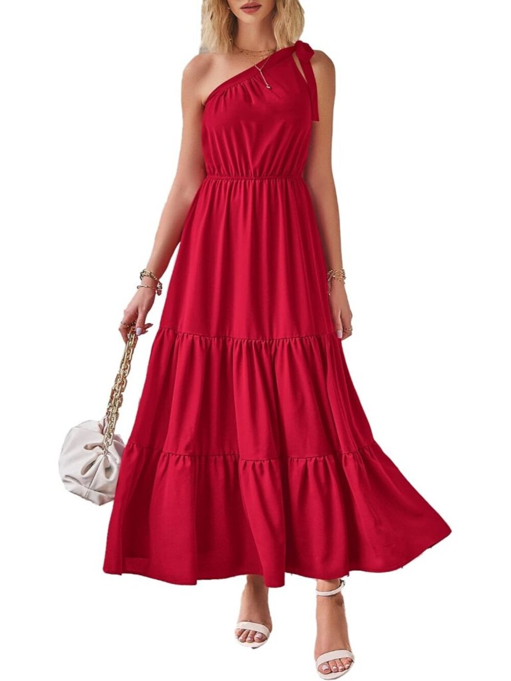 Women's Solid Red Sleeveless Tiered A Line One Shoulder Boho Floral Maxi Dress